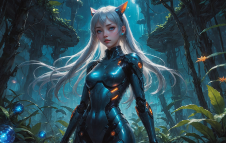 31072103-1136711378-anime style, 1girl, blunt bangs, high ponytail, silver hair, pointy ears, in the depths of a bioluminescent alien jungle, [evang.png